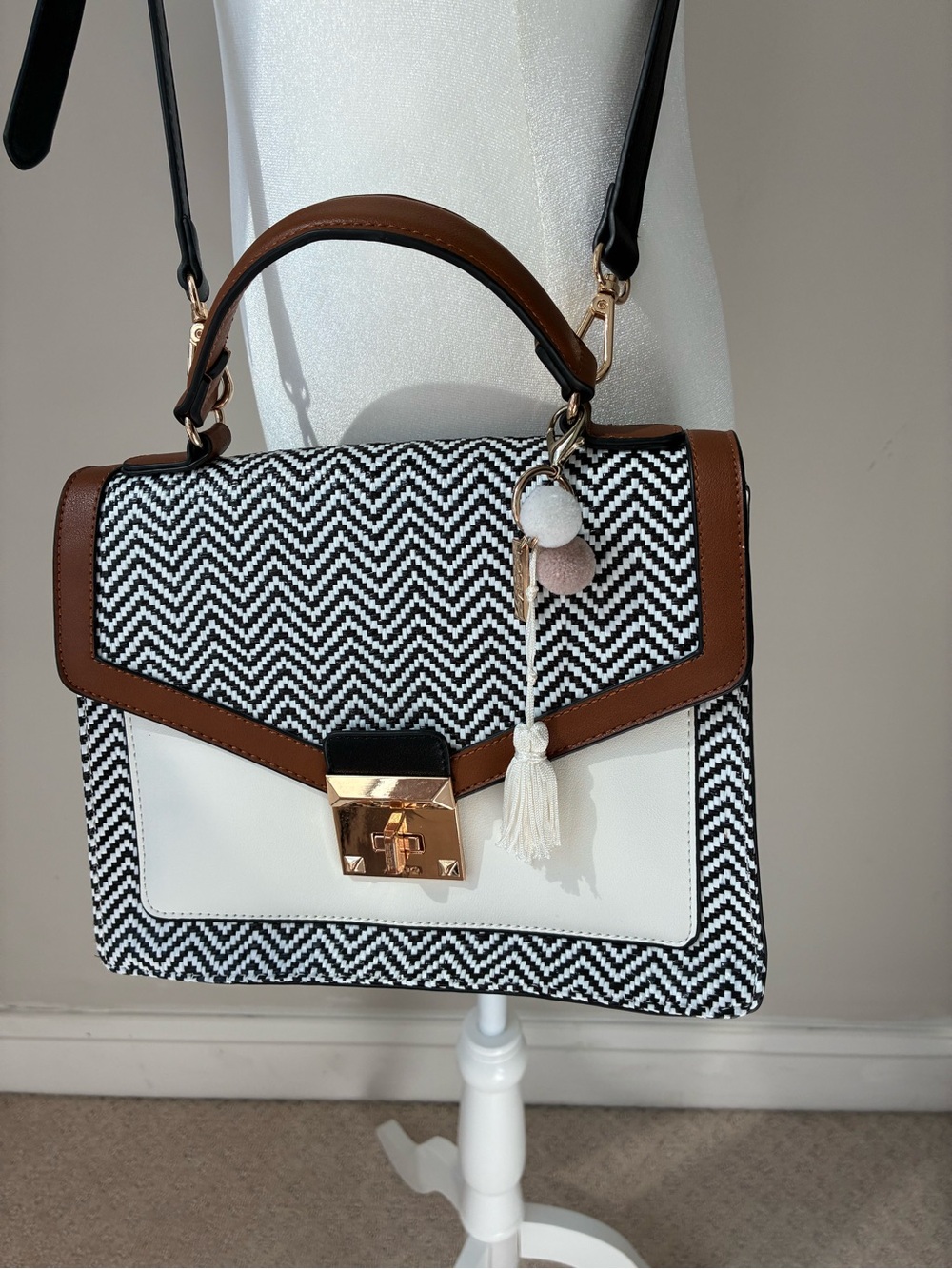 Aldo Black & White Chevron Crossbody Satchel with Brown Trim